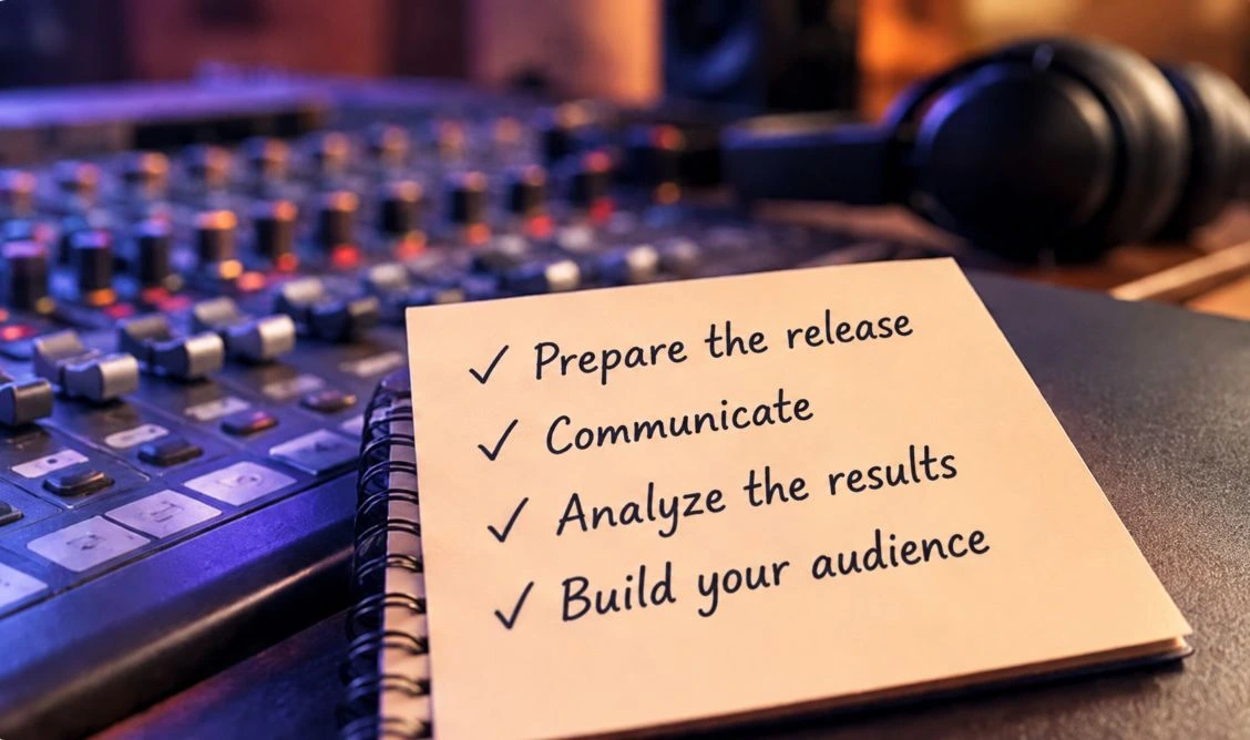 Music promotion checklist resting on a studio mixing desk