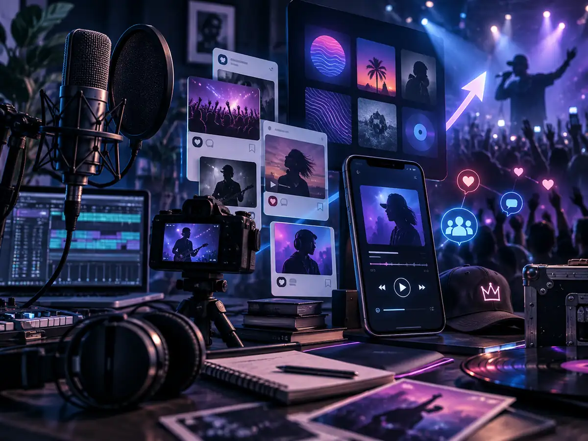 Écosystème de promotion musicale reliant un artiste aux plateformes, réseaux sociaux et publics