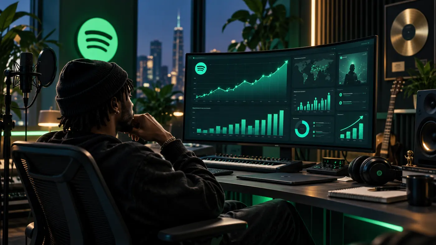 Artiste consultant ses statistiques et revenus Spotify dans son studio