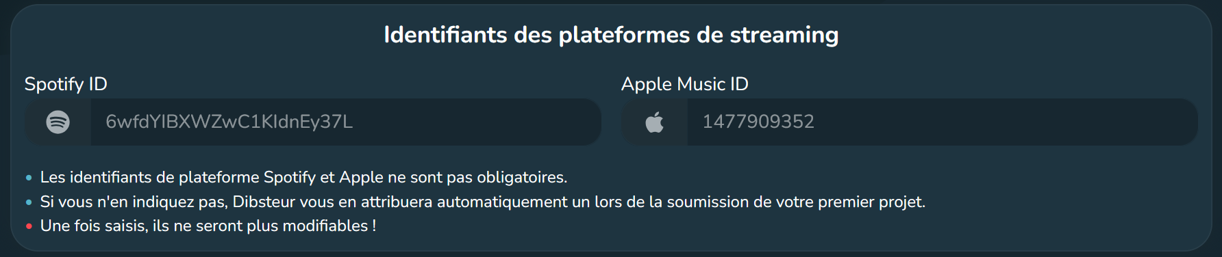 Connexion des profils de plateformes (Spotify et Apple Music) dans l'espace Dibsteur